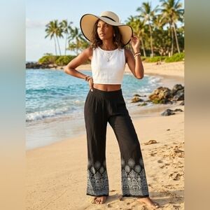 Boho Black Flare Pants with Ornate Border Print